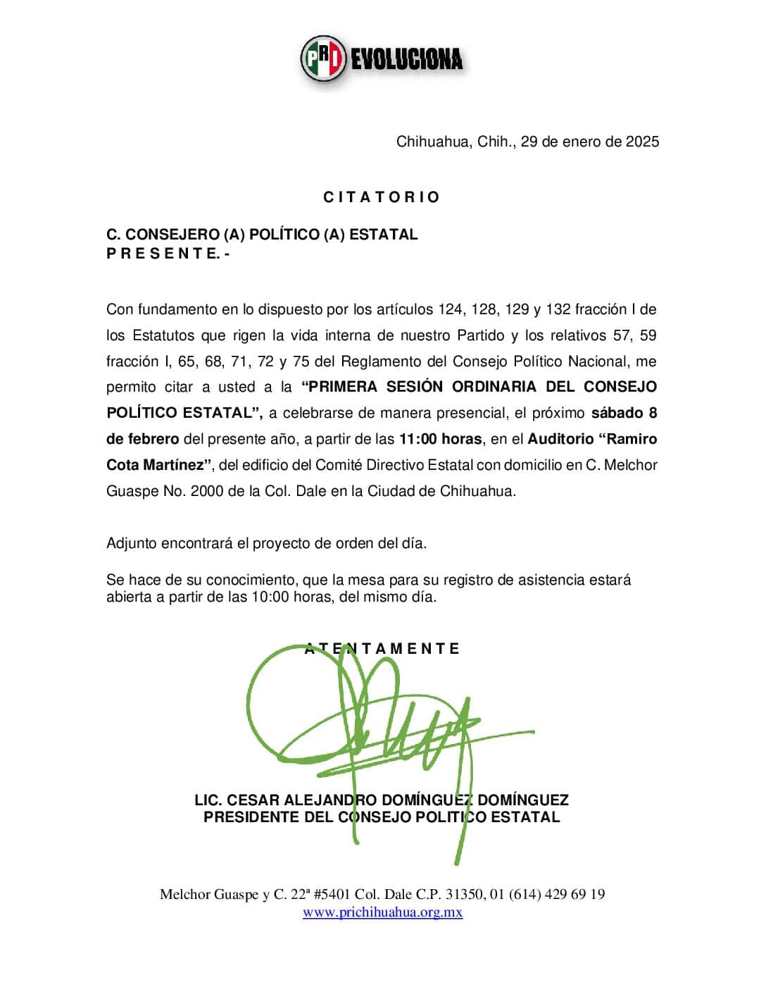 CITATORIO A LOS MIEMBROS DEL CONSEJO POLITICO ESTATAL PARA LA PRIMER SESION ORDINARIA DEL AÑO 2025