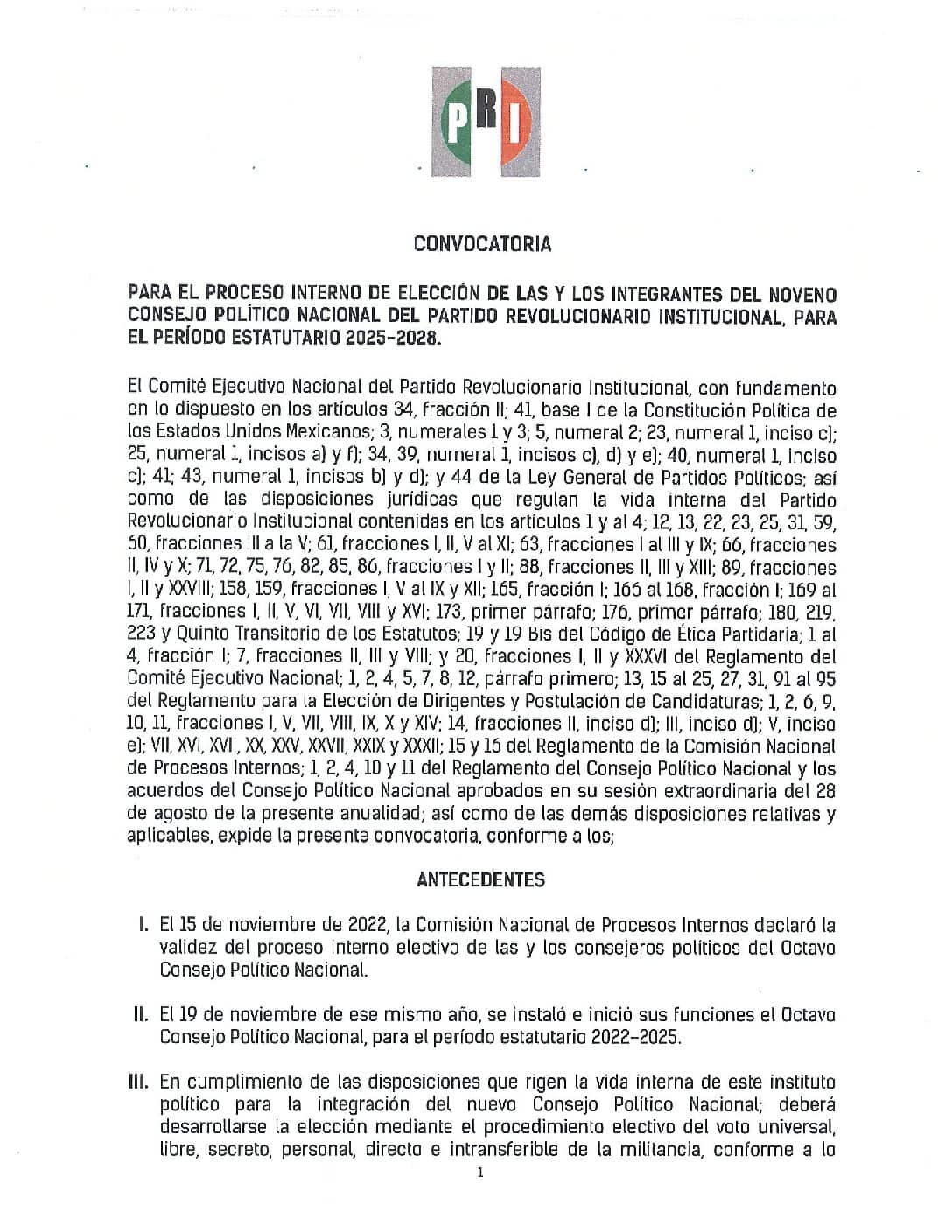 Convocatoria para el Proceso Interno de Elección de las y los integrantes del Noveno Consejo Politico Nacional del Partido Revolucionario Institucional, para el periodo Estatutario 2025-2028